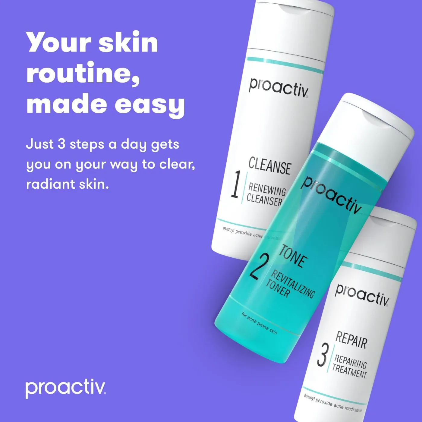 Proactiv 3 Step Acne Treatment - Benzoyl Peroxide Face Wash, Repairing Acne Spot Treatment for Face And Body, Exfoliating Toner - 60 Day Complete Acne Skin Care Kit, Multicolor